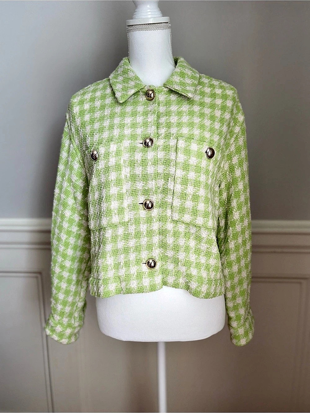 Zara Green and White Houndstooth Tweed Crop Jacket